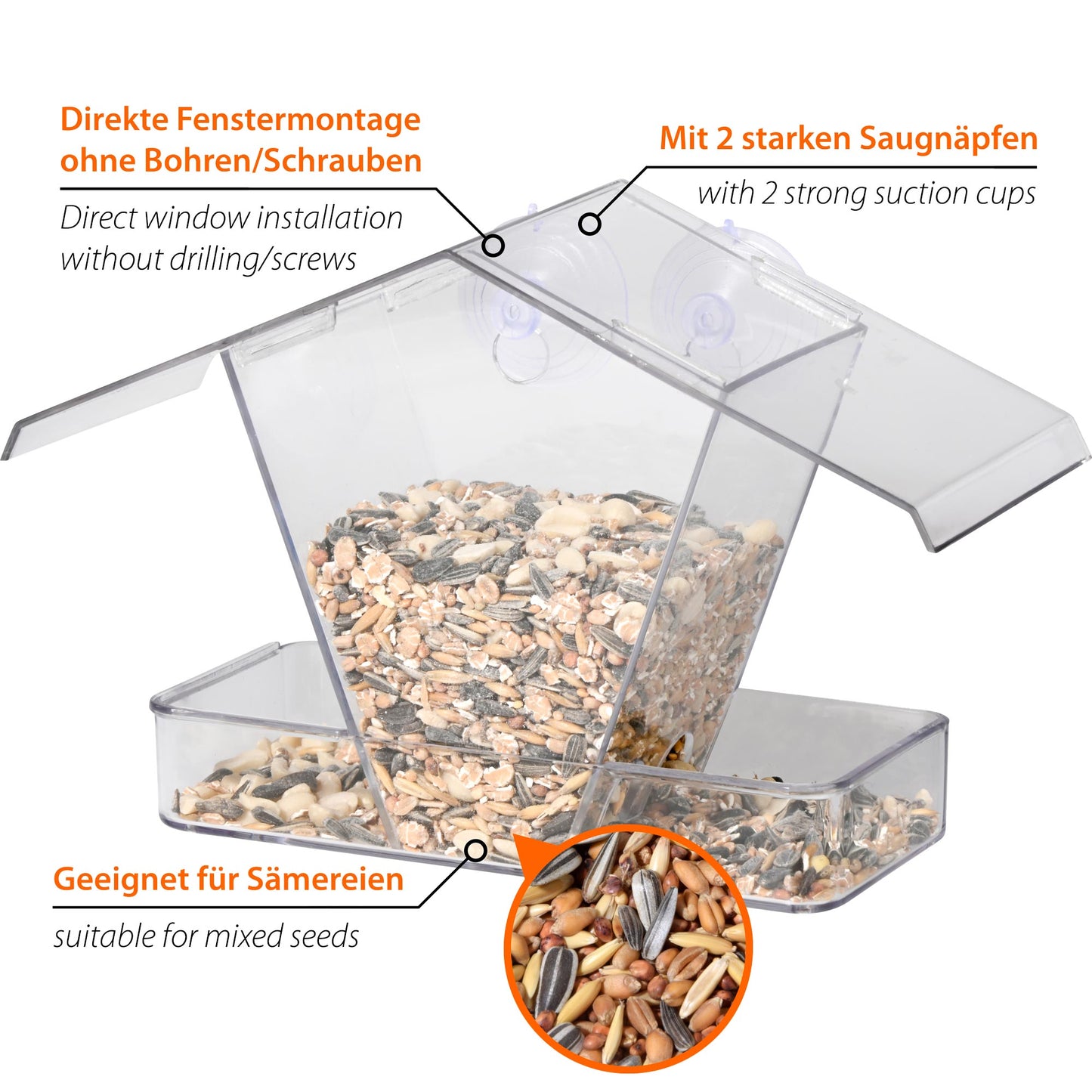 Transparente Futterstation aus wetterfestem Acrylglas mit Saugnäpfen zur Fensterbefestigung