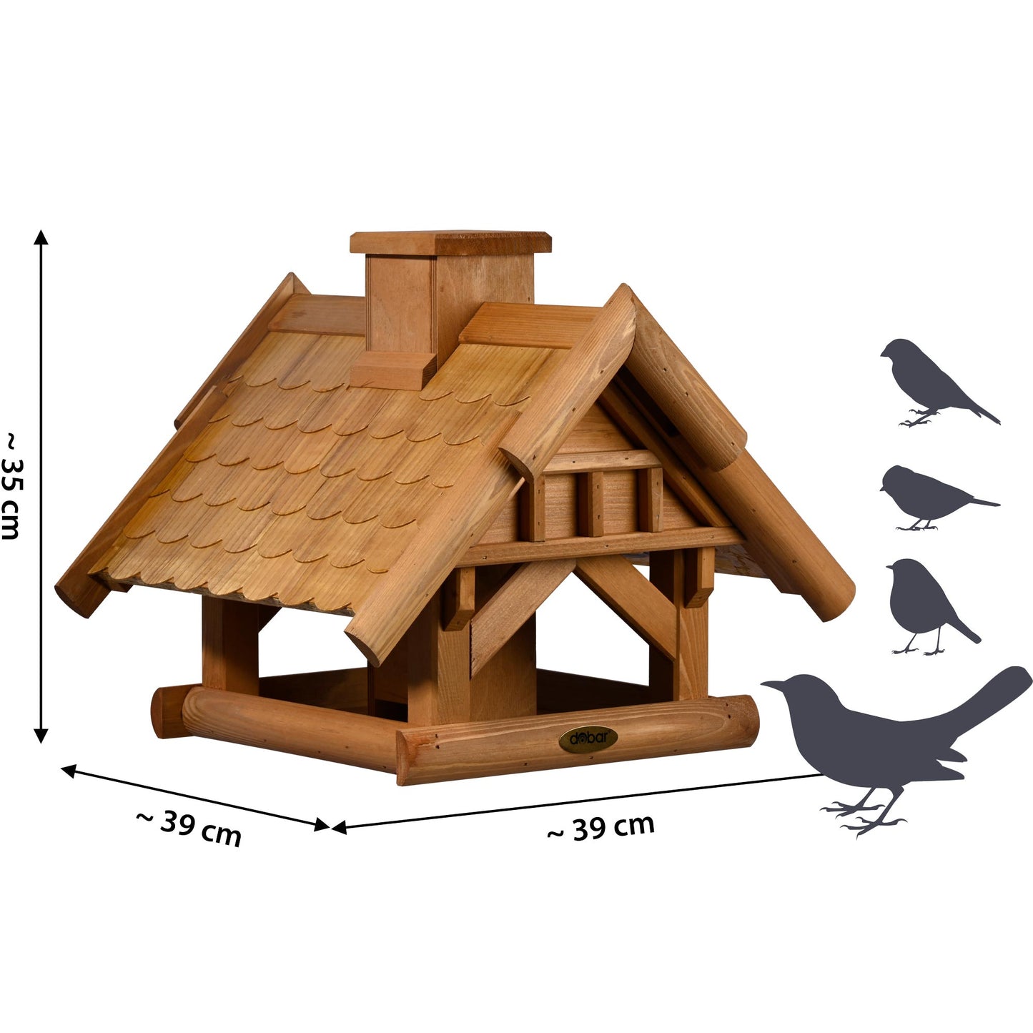 Vogelfutterhaus Blätterfall - Farbig lasiertes Kiefernholz, 1,3-Liter-Futtersilo, Schindeldach mit Giebel, Ständermontage