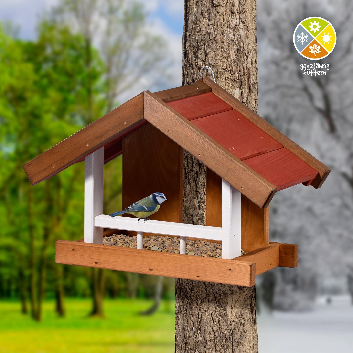 Wetterfestes Holz-Futterhaus mit stabilem Metallhaken für Wände