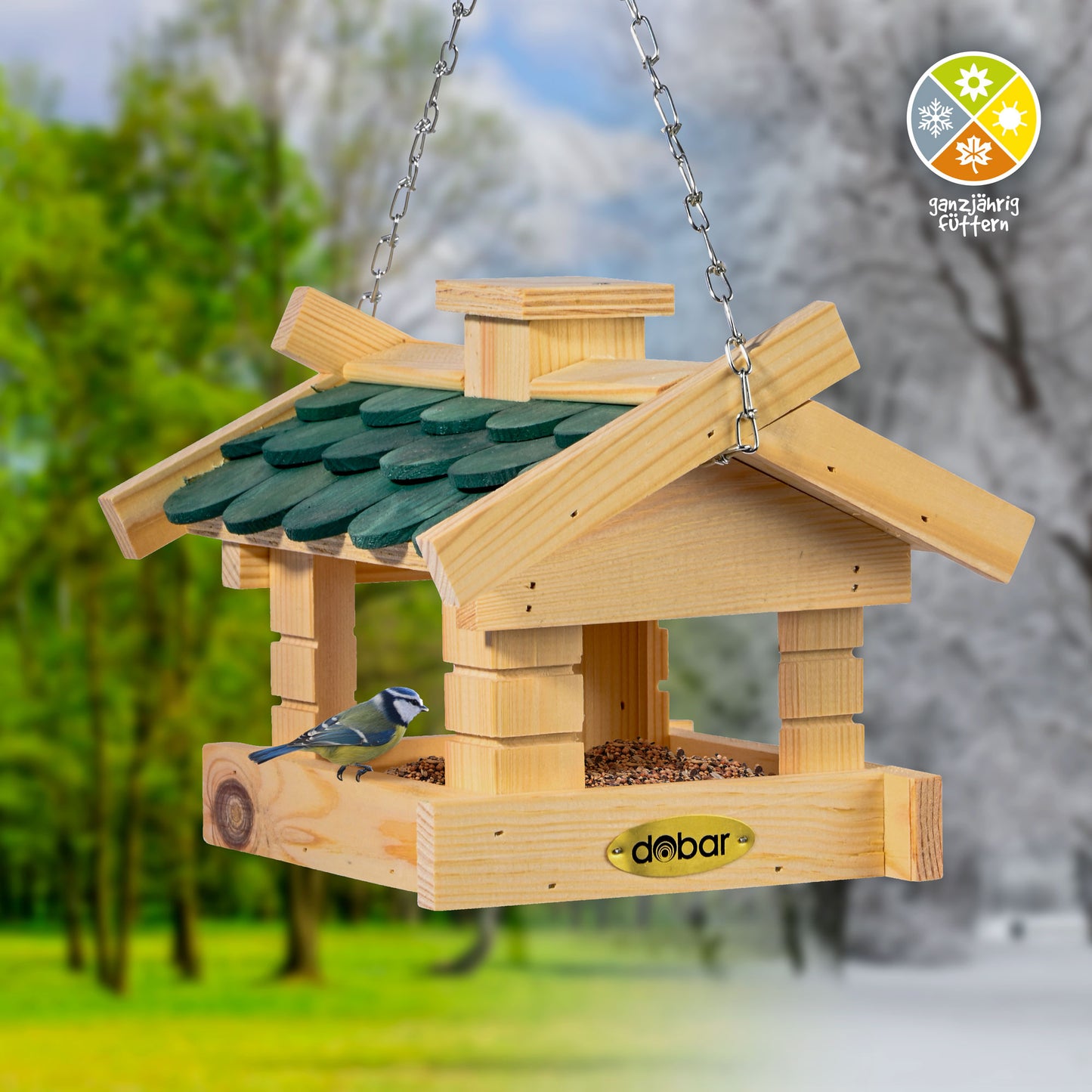 Holzvogelhaus mit Schindeldach – Futterstation für Wildvögel, mit stabiler Metallkette zum Aufhängen.
