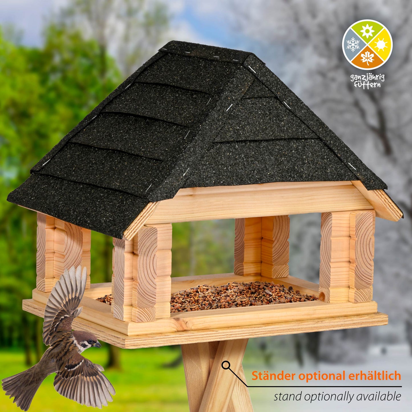 "Futterstation für Wildvögel aus FSC-zertifiziertem Massivholz, wetterfest und langlebig, dekorative Garten-Dekoration mit Bitumendach"