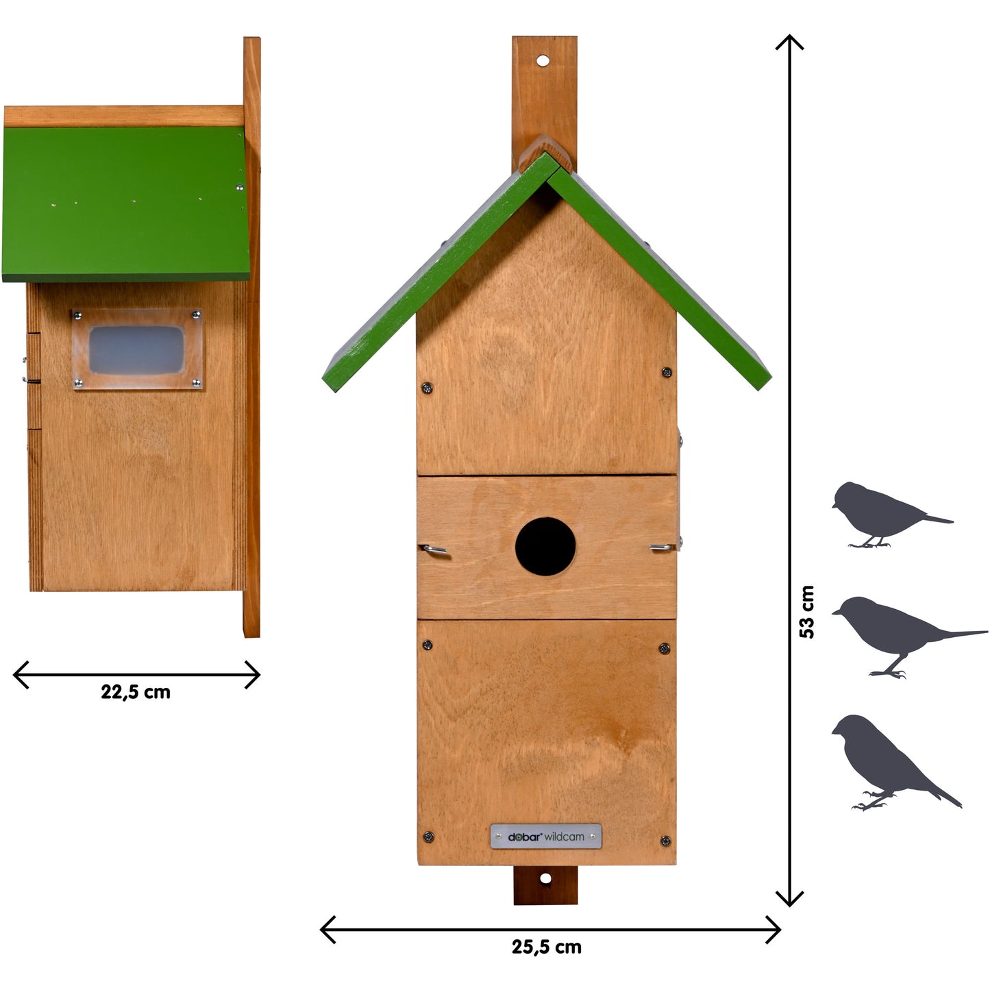 Vogelhaus mit variablen Einfluglöchern und Kamera-Upgrade-Option, perfekt für Vogelbeobachtung.