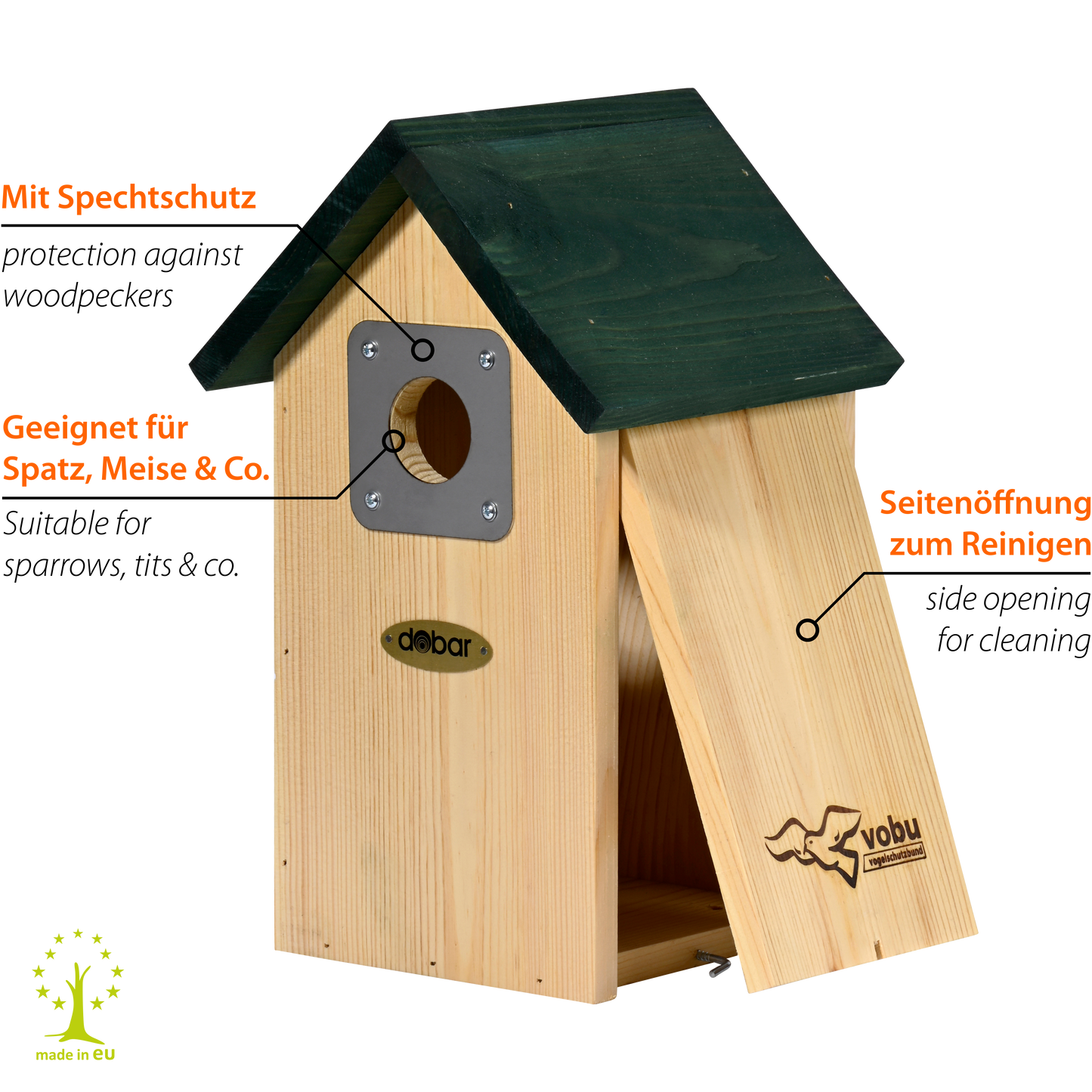 LUXUS-VOGELHAUS® VOBU Nistkasten aus FSC®-zertifiziertem Kiefernholz mit Ø 35 mm Einflugloch für Höhlenbrüter.