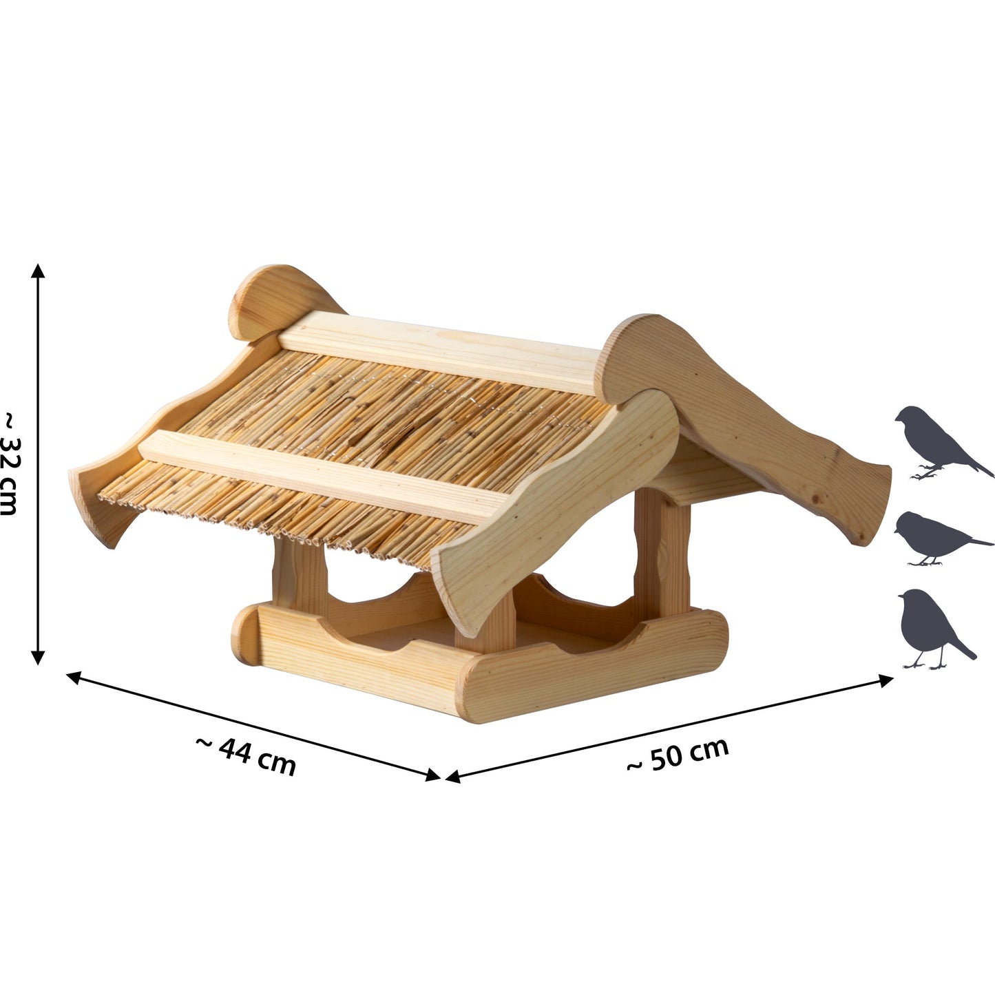 Großes Vogelfutterhaus "Kunoy" mit Schilfdach – Natürliche Futterstation für Wildvögel, ideal für Ständermontage