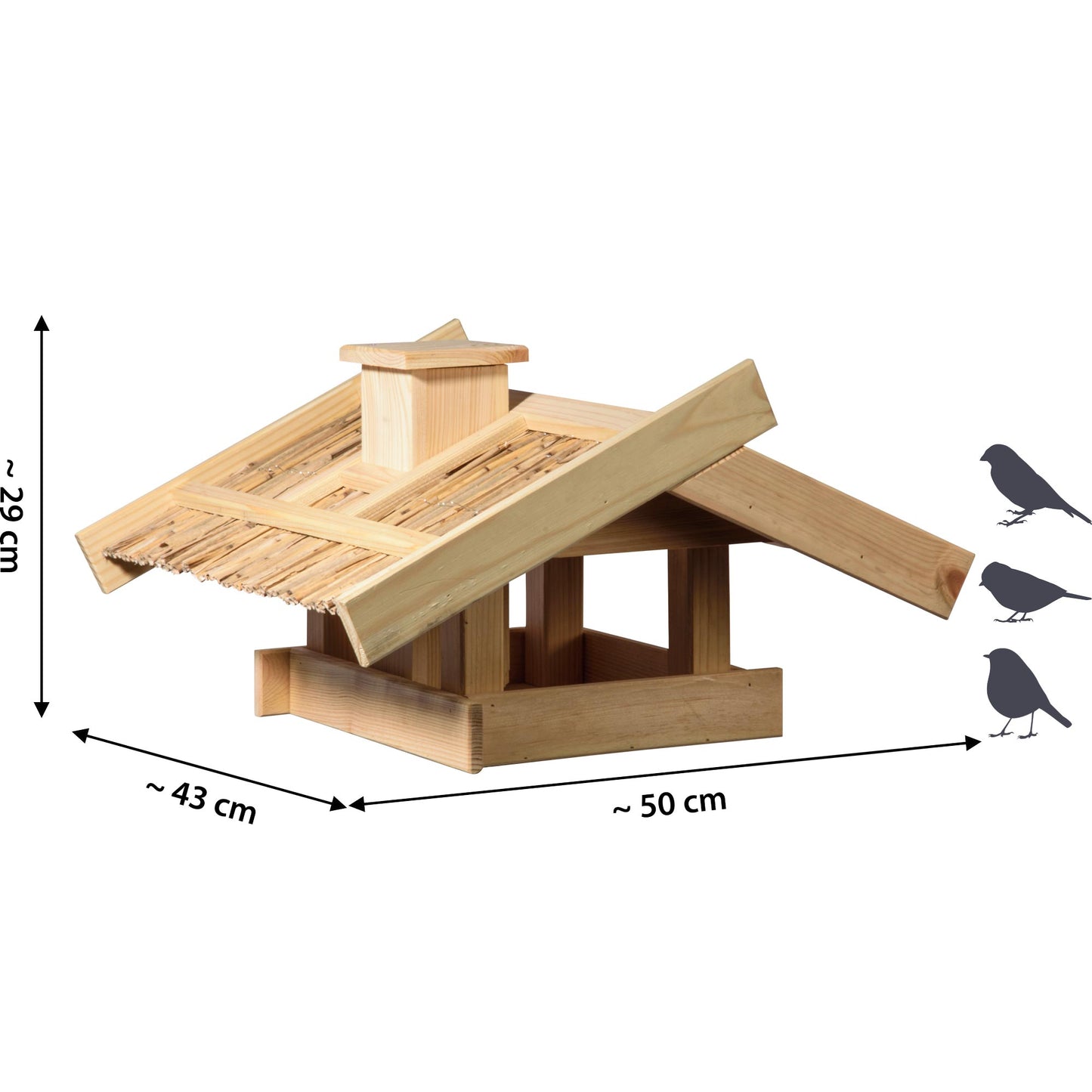 Großes Vogelhaus "Trollanes" mit Schilfdach – Natur Vogelfutterhaus zum Aufstellen für Ständermontage