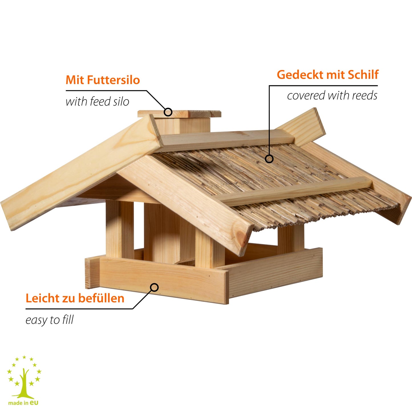 Großes Vogelhaus "Trollanes" mit Schilfdach – Natur Vogelfutterhaus zum Aufstellen für Ständermontage