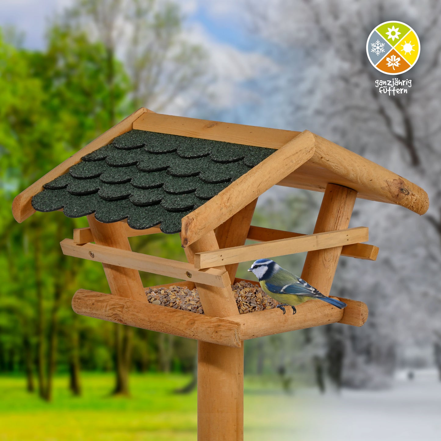 Vogelfutterhaus - FSC®-Kiefernholz, wetterfest, Bitumenschindeldach, mit stabilem Ständer