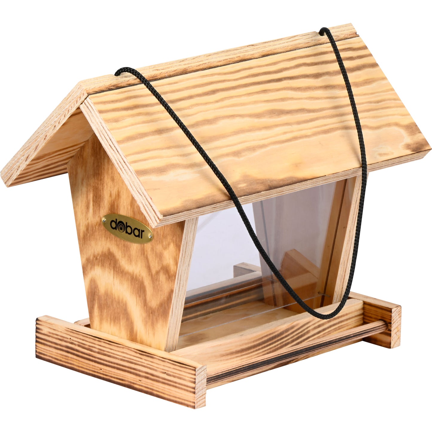 Hängendes Vogelhaus "Llama" aus geflammtem Holz mit Acrylglasscheiben