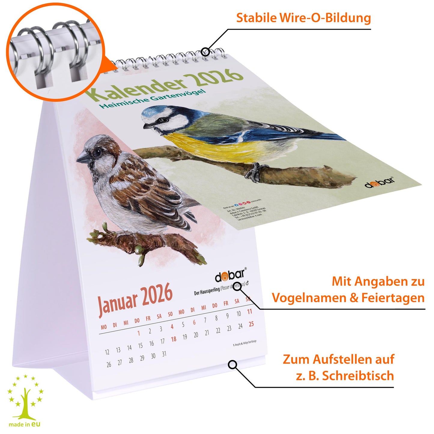 Vogel-Tischkalender DIN A5 2026 – Monatskalender mit Wildvogel-Illustrationen