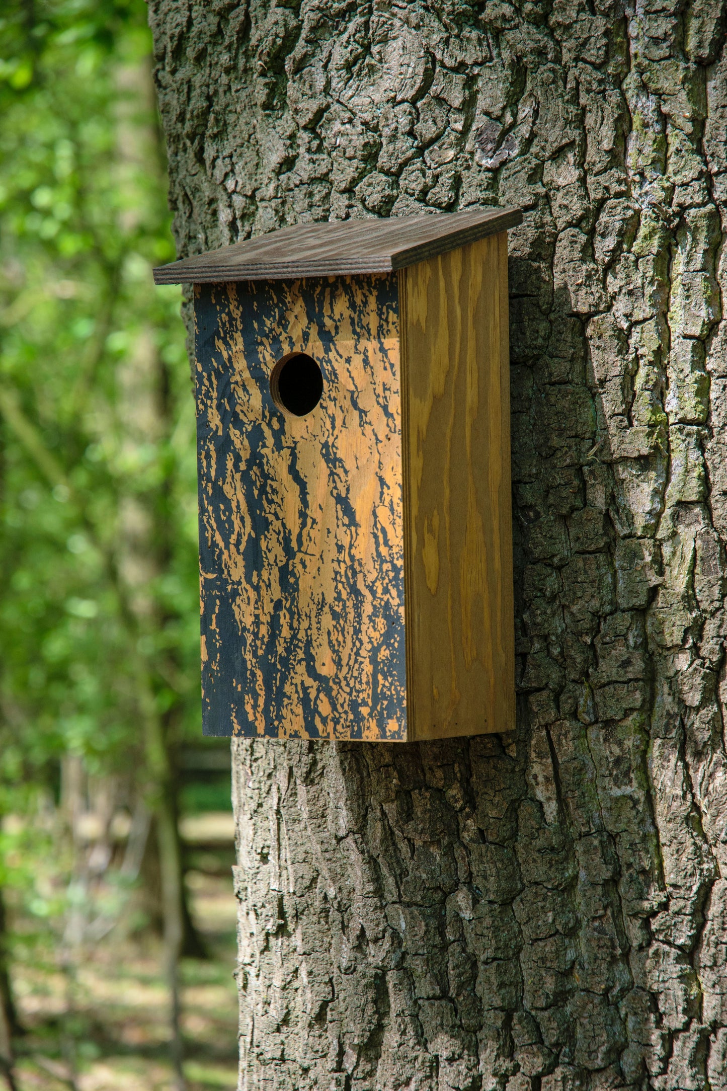 Art.11015e - Klassischer Nistkasten zum Aufhängen mit Baumrinde-Aufdruck "Quercus robur"