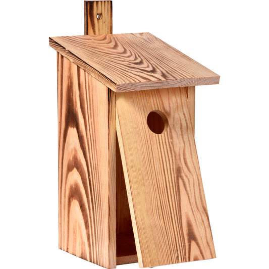 Art.13080e - Geflammter Nistkasten mit Befestigungsleiste, Nisthöhle für Wildvögel, Kiefer - Luxus-Vogelhaus.de