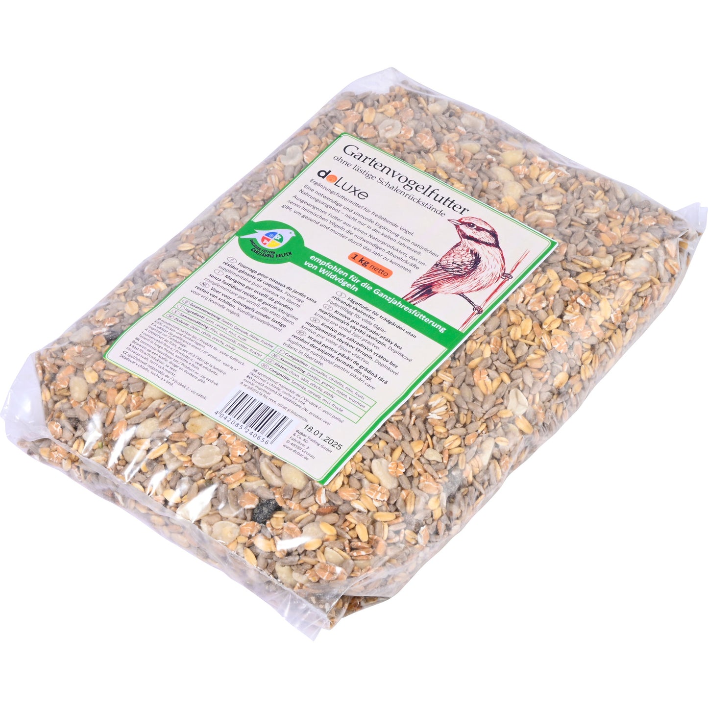 7 Beutel schalenloses Vogelfutter á 1 kg – Nahrhafte Mischung aus Saaten, Nüssen und Sultaninen.