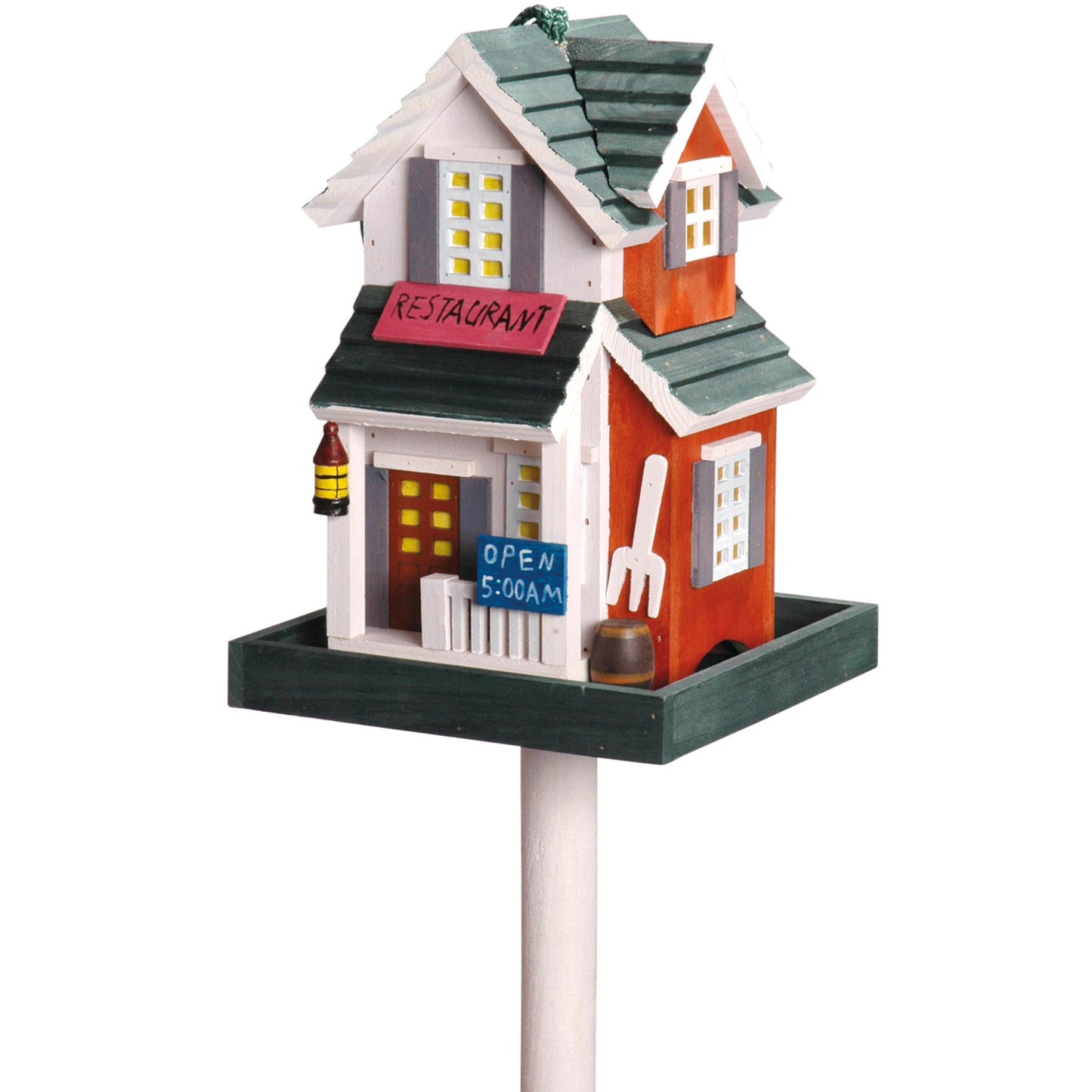 LUXUS-VOGELHAUS® Western-Vogelhaus "Restaurant" aus FSC®-zertifiziertem Kiefernholz, im US-Baustil, mit spitz zulaufendem Ständer.