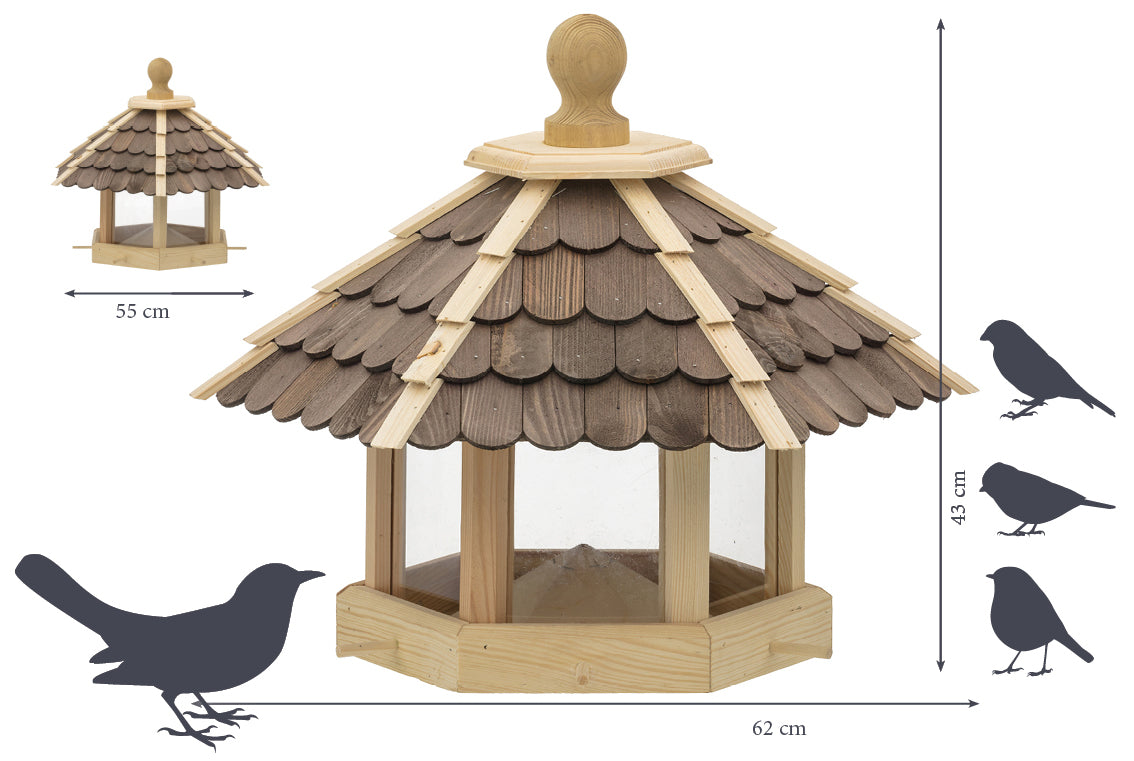 Art. 44136e - Großes Vogelhaus mit dunklen Holzschindeln - Futterpyramide