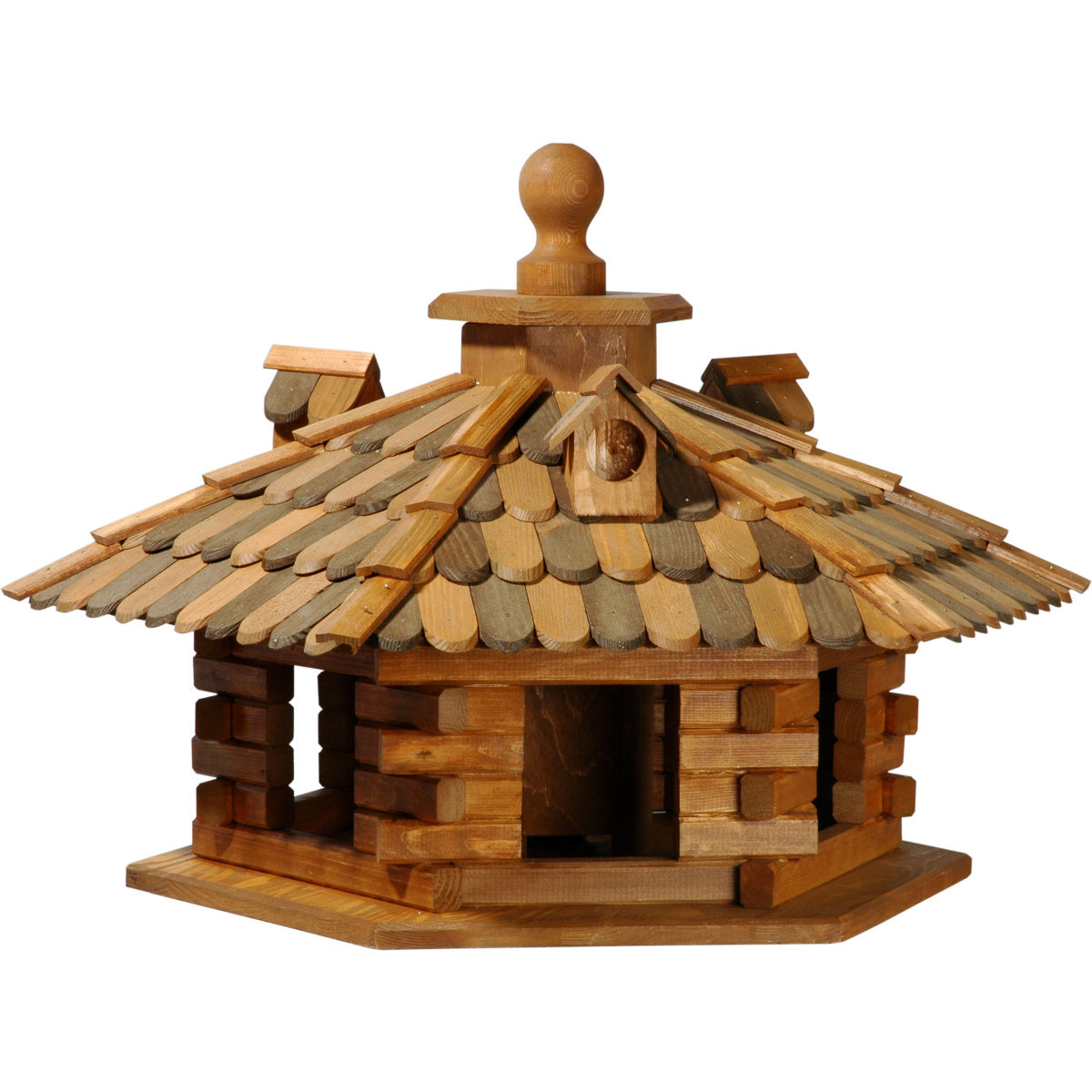 Sechseckiges XXL-Vogelfutterhaus im Blockhaus-Stil aus wetterfestem Kiefernholz mit Holzschindeldach, ideal für Wildvögel im Garten