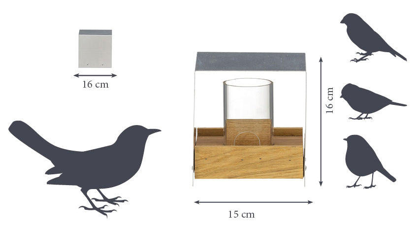 Design-Vogelfutterhaus aus massivem Eichenholz mit UV-beständigem Acrylglassilo für optimalen Schutz des Futters.