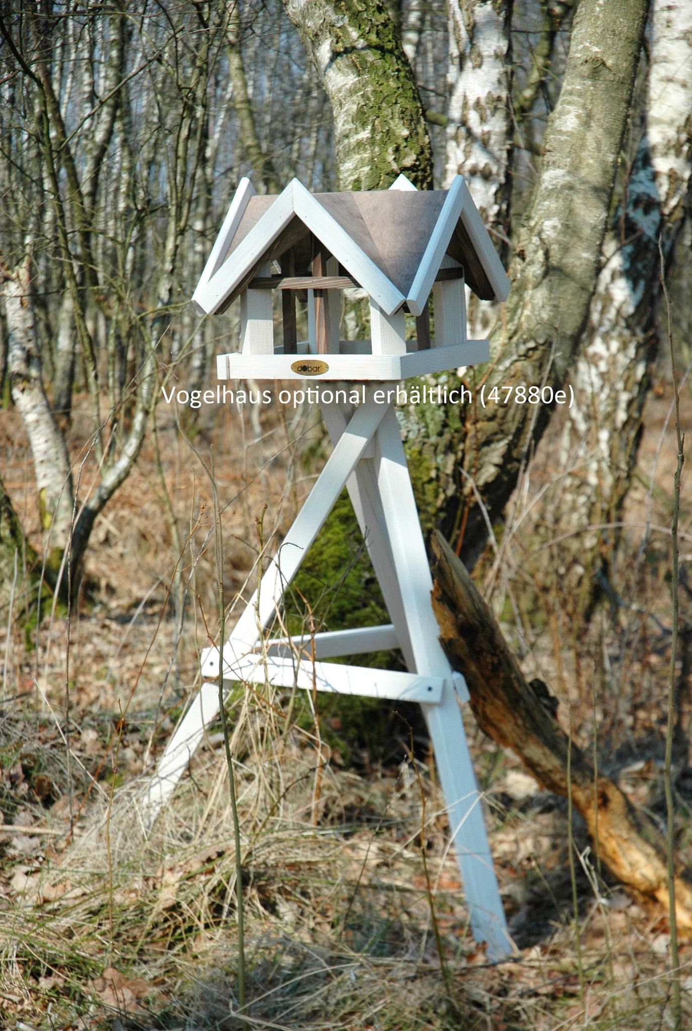 Art.47300e - Weißer Vogelhaus-Ständer aus Kiefernholz, dreibeinig - Luxus-Vogelhaus.de