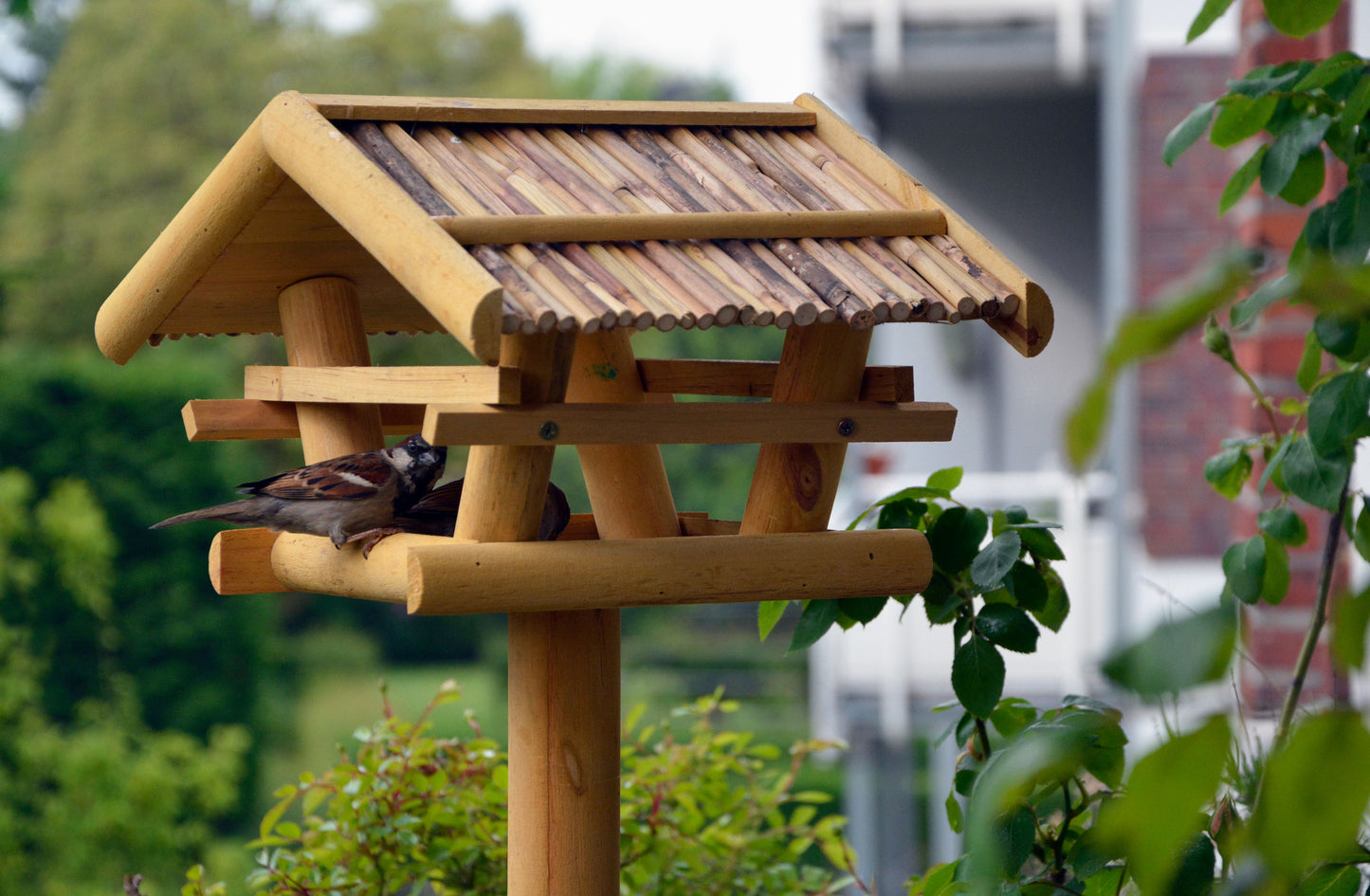LUXUS-VOGELHAUS® Vogelhäuschen mit robustem dreibeinigen Ständer, perfekt für den Einsatz auf der Terrasse oder im Garten.