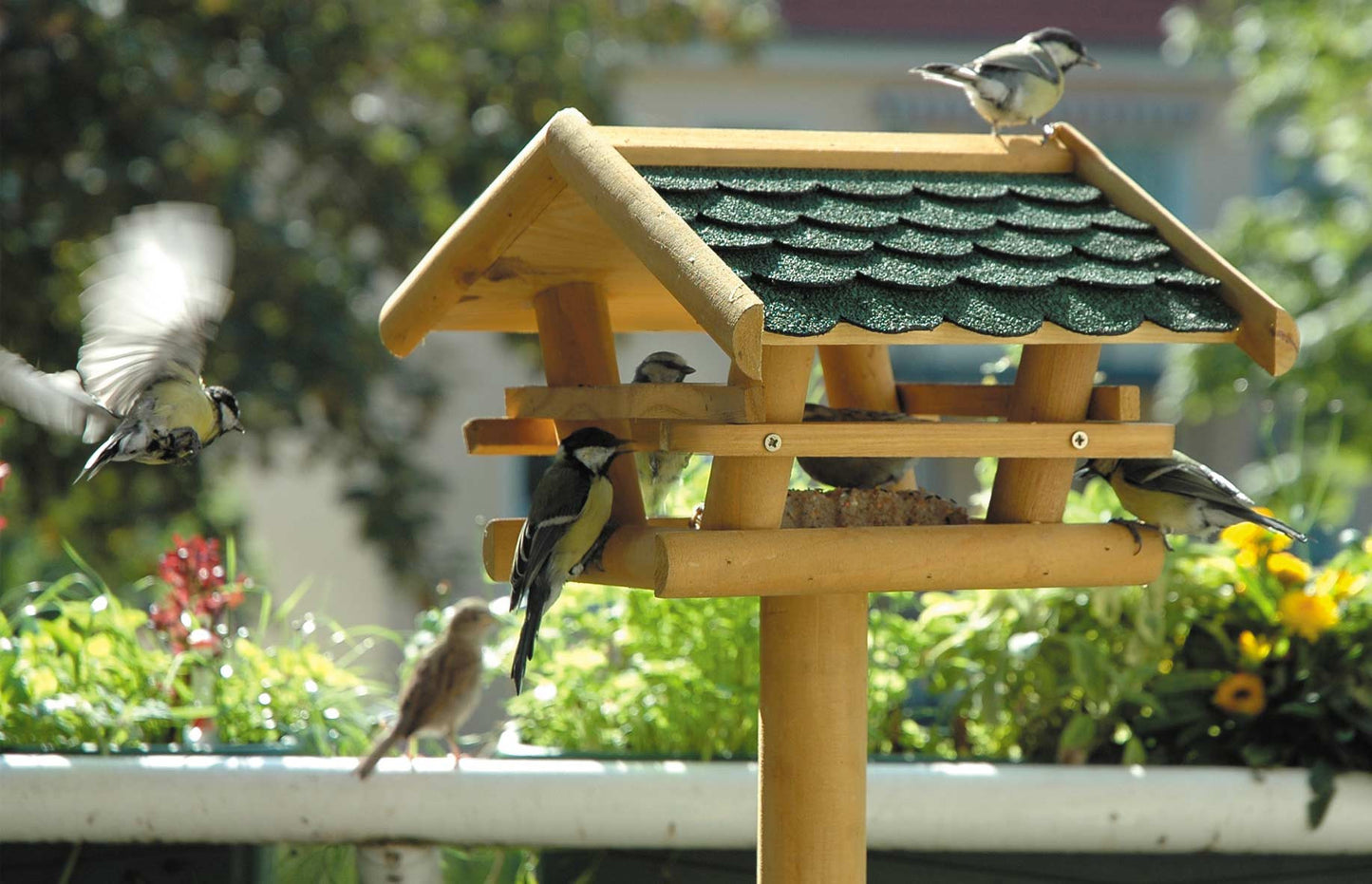 Art.48100FSC - FSC®-Vogelhaus mit Ständer mit grünen Bitumenschindeln - Luxus-Vogelhaus.de