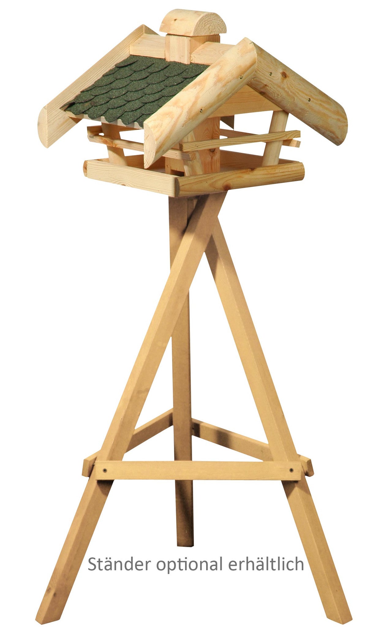 Robuste Vogelvilla mit grünem Bitumendach und abnehmbarer Spitze für einfache Befüllung, ideal für die Fütterung von Wildvögeln.