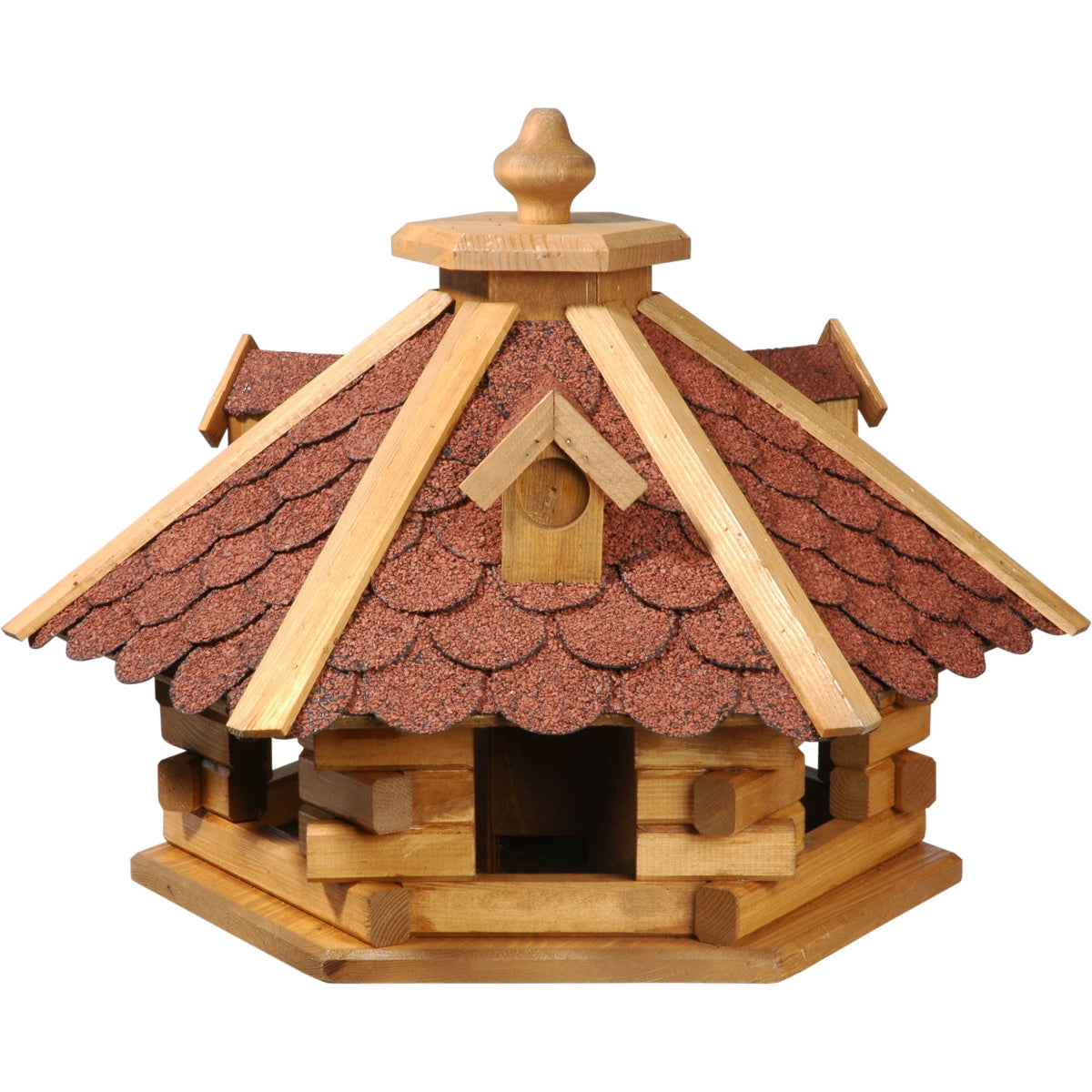 Sechseckiges Vogelfutterhaus aus massivem Kiefernholz mit rotem Bitumendach und integriertem Futtersilo, ideal für die Fütterung von Wildvögeln.