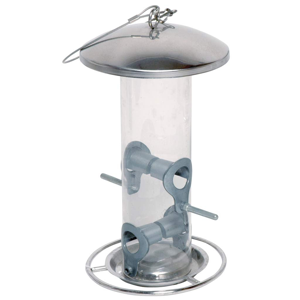 Wetterfeste Futtersäule aus Metall mit Acrylglassilo und Edelstahlseil
