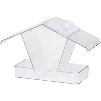 Transparente Futterstation aus wetterfestem Acrylglas mit Saugnäpfen zur Fensterbefestigung