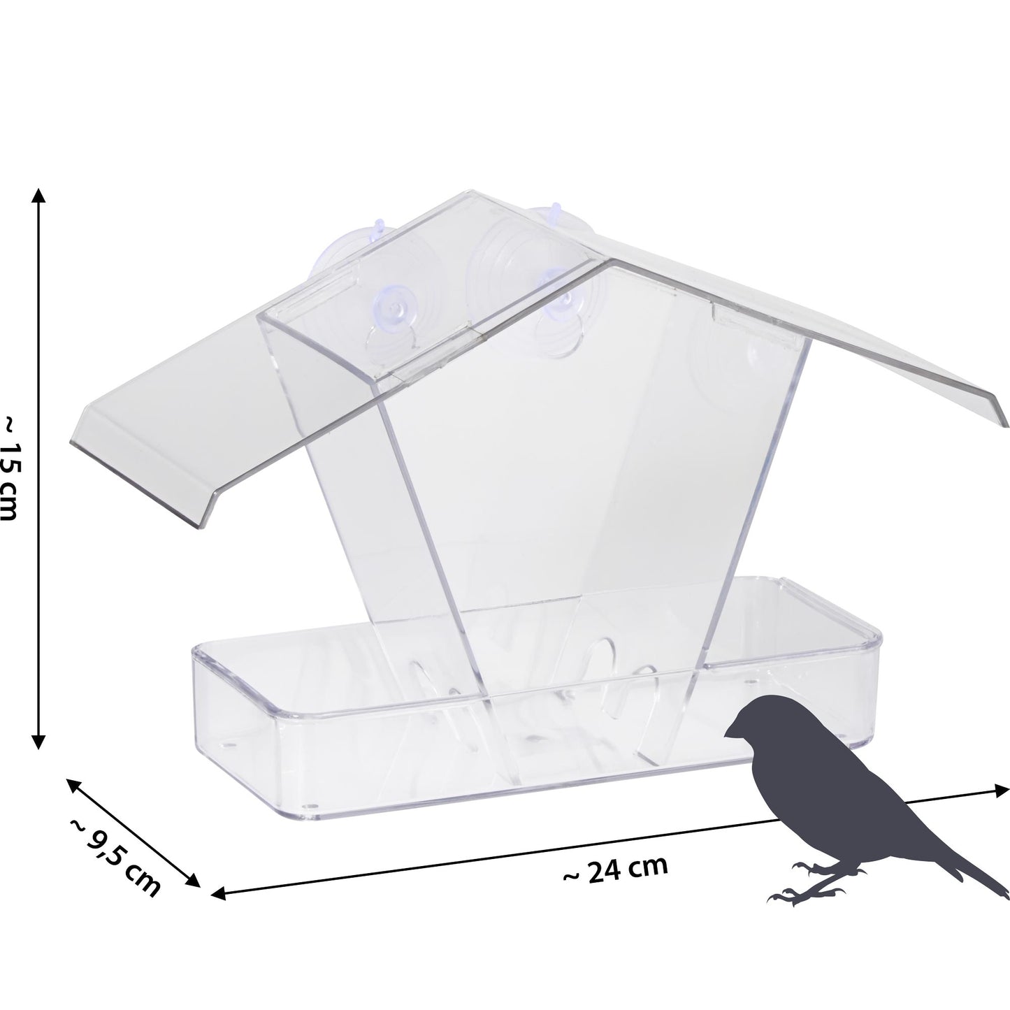 Transparente Futterstation aus wetterfestem Acrylglas mit Saugnäpfen zur Fensterbefestigung
