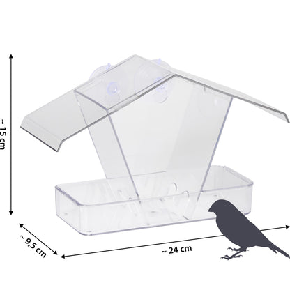 Transparente Futterstation aus wetterfestem Acrylglas mit Saugnäpfen zur Fensterbefestigung