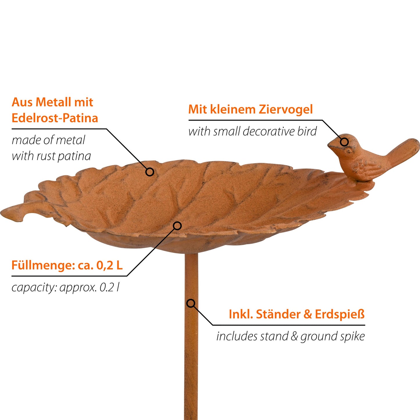 Metall Vogeltränke stehend 200 ml, mit Ständer und 1 Vogel