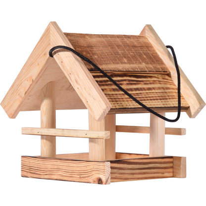 Hängendes Vogelhaus "Candela" aus geflammtem Holz, wetterfest und robust
