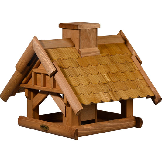 Vogelfutterhaus Blätterfall - Farbig lasiertes Kiefernholz, 1,3-Liter-Futtersilo, Schindeldach mit Giebel, Ständermontage