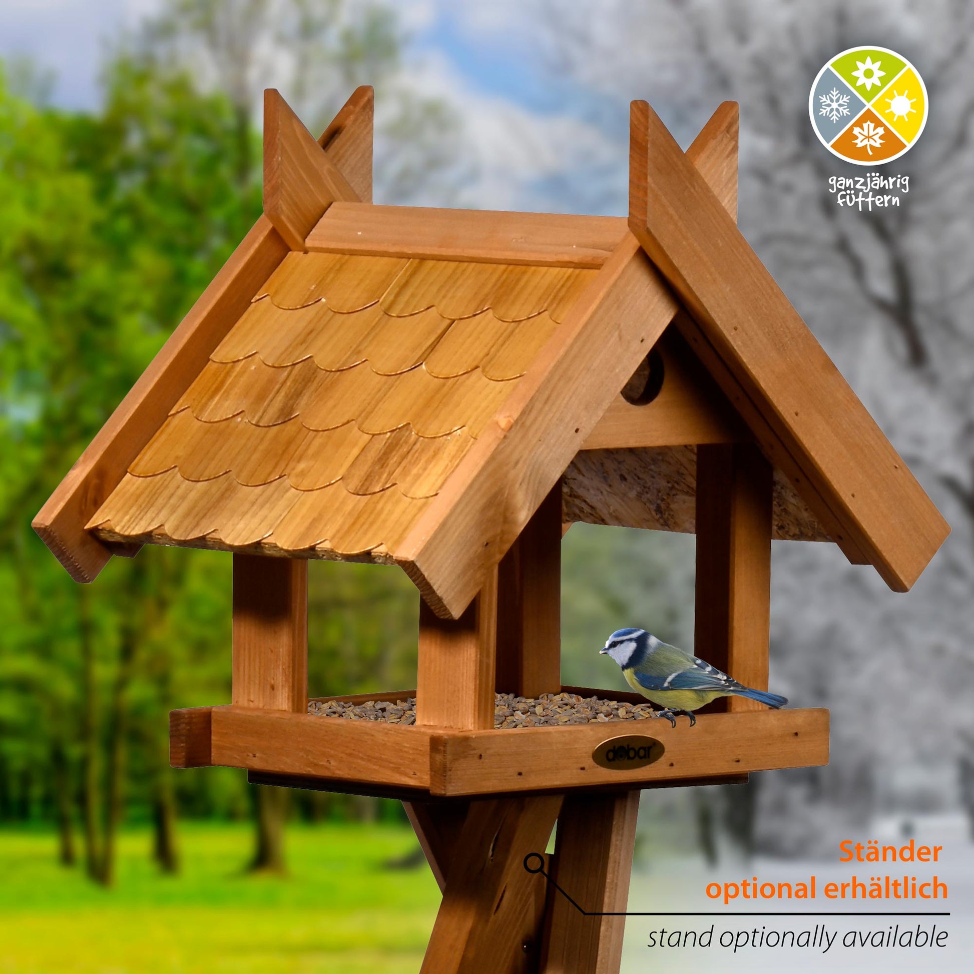Großes Vogelhaus "Blätterfall" für Ständermontage – Stilvolle Futterstation im herbstlichen Design - Luxus-Vogelhaus.de