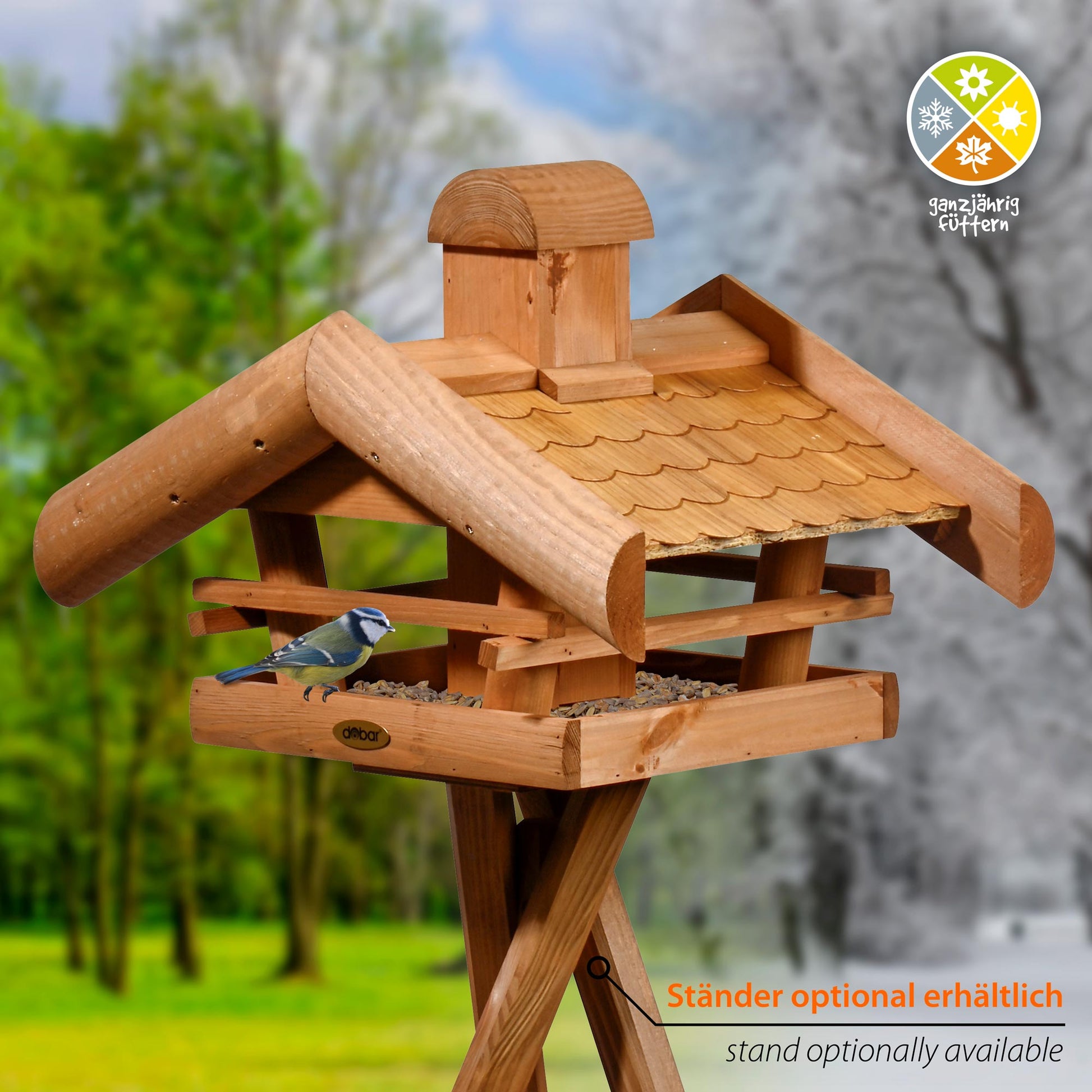 Großes Vogelhaus "Blätterfall" für Ständermontage – Dekorative Futterstation für Wildvögel im herbstlichen Design - Luxus-Vogelhaus.de