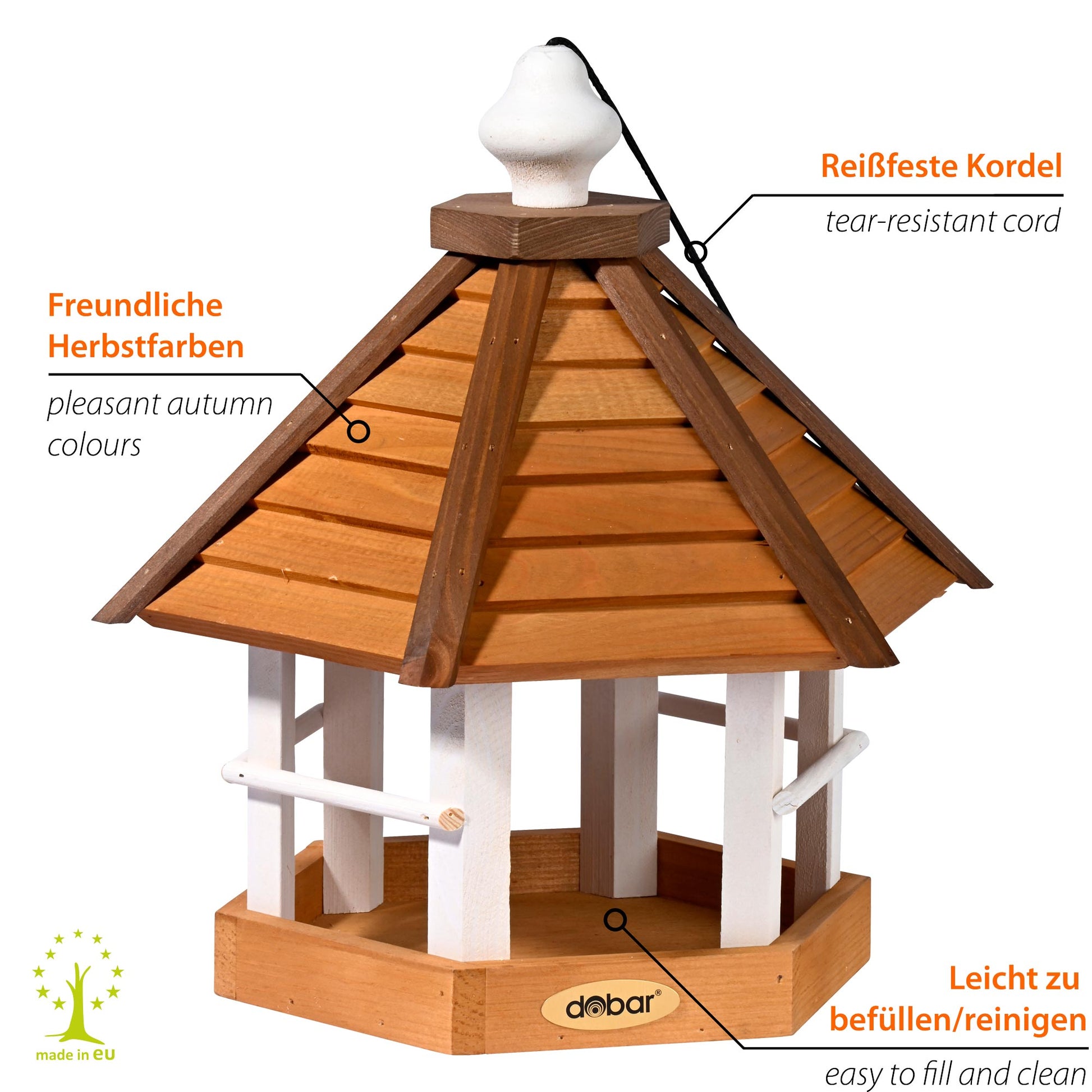 Vogelhaus mit großer Futterfläche und stabiler Kordel zum Aufhängen
