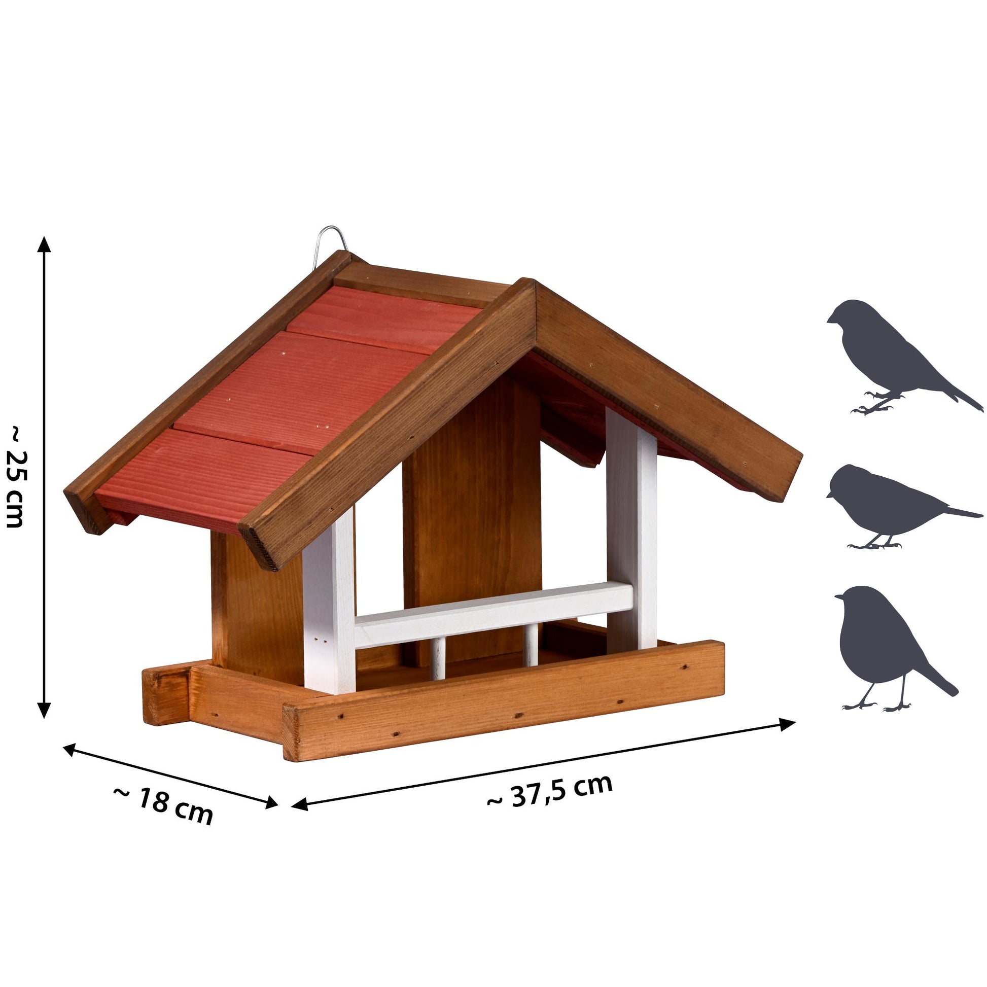 Futterhaus mit Wandaufhängung, Satteldach und großer Futterfläche
