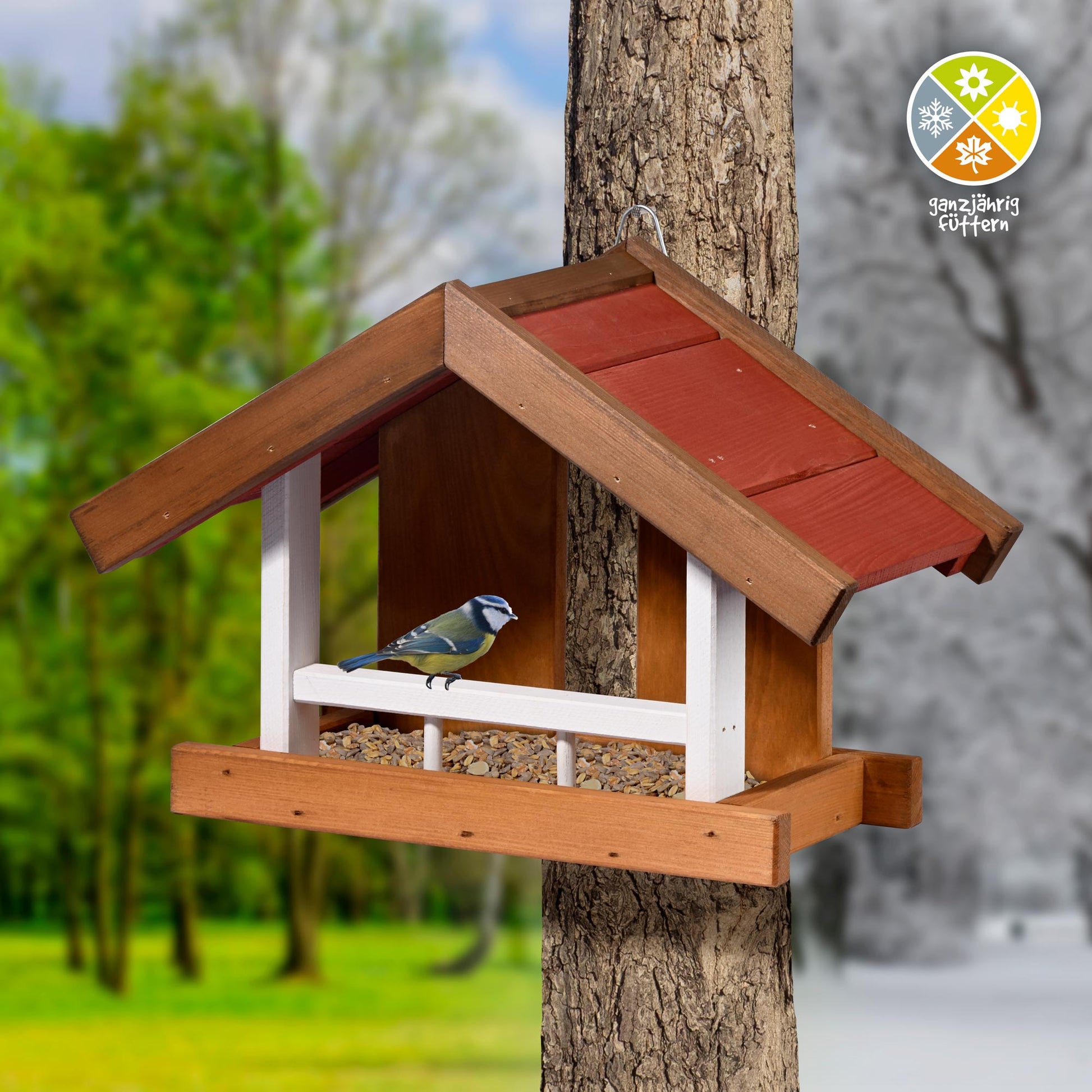 Wetterfestes Holz-Futterhaus mit stabilem Metallhaken für Wände
