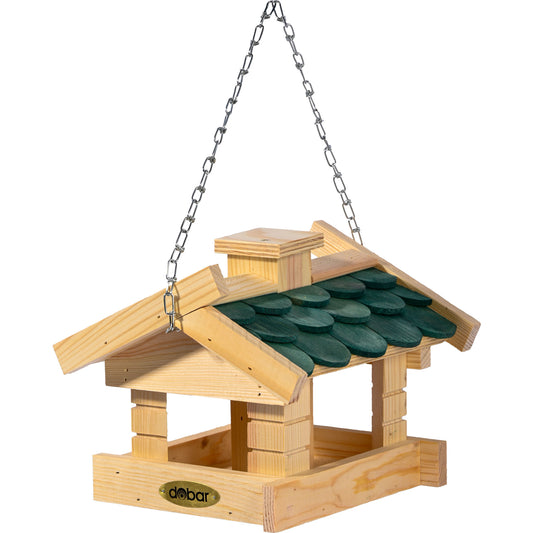 Robustes Vogelhaus „Thule“ – Wetterfestes Futterhaus aus Holz mit grünem Schindeldach, ideal für den Garten.
