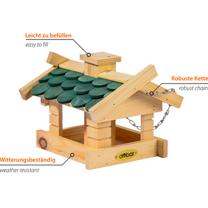 LUXUS-VOGELHAUS „Thule“ – Hängendes Vogelhaus mit Futtersilo, schützt das Futter vor Regen und Schmutz.
