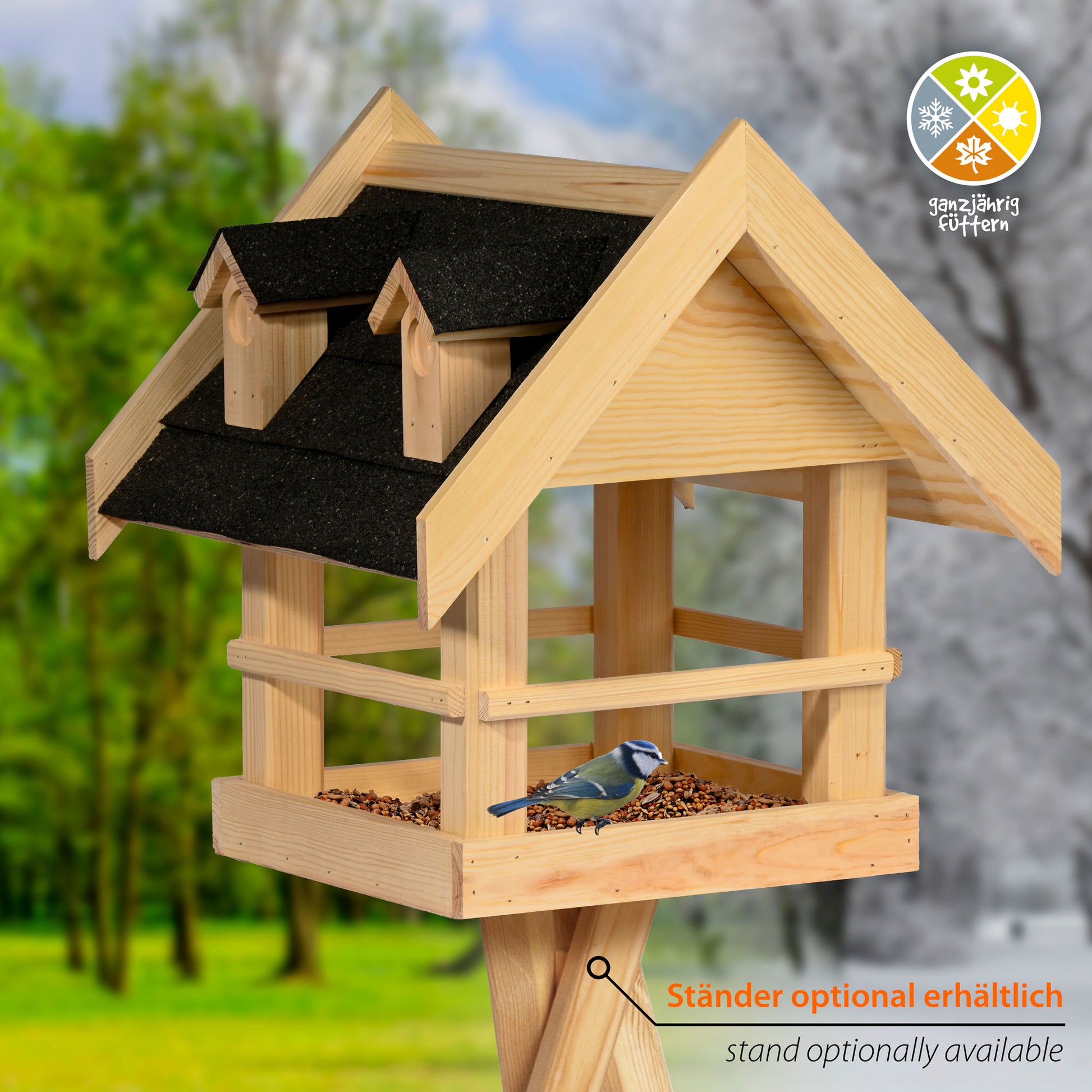 Großes Vogelhaus „Noir“ – Futterstation aus massivem Holz, ideal für den Garten oder Balkon.
