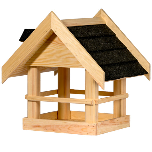 LUXUS-VOGELHAUS® Vogelfutterhaus Noir mit wasserabweisendem Bitumendach und robustem Kiefernholz.
