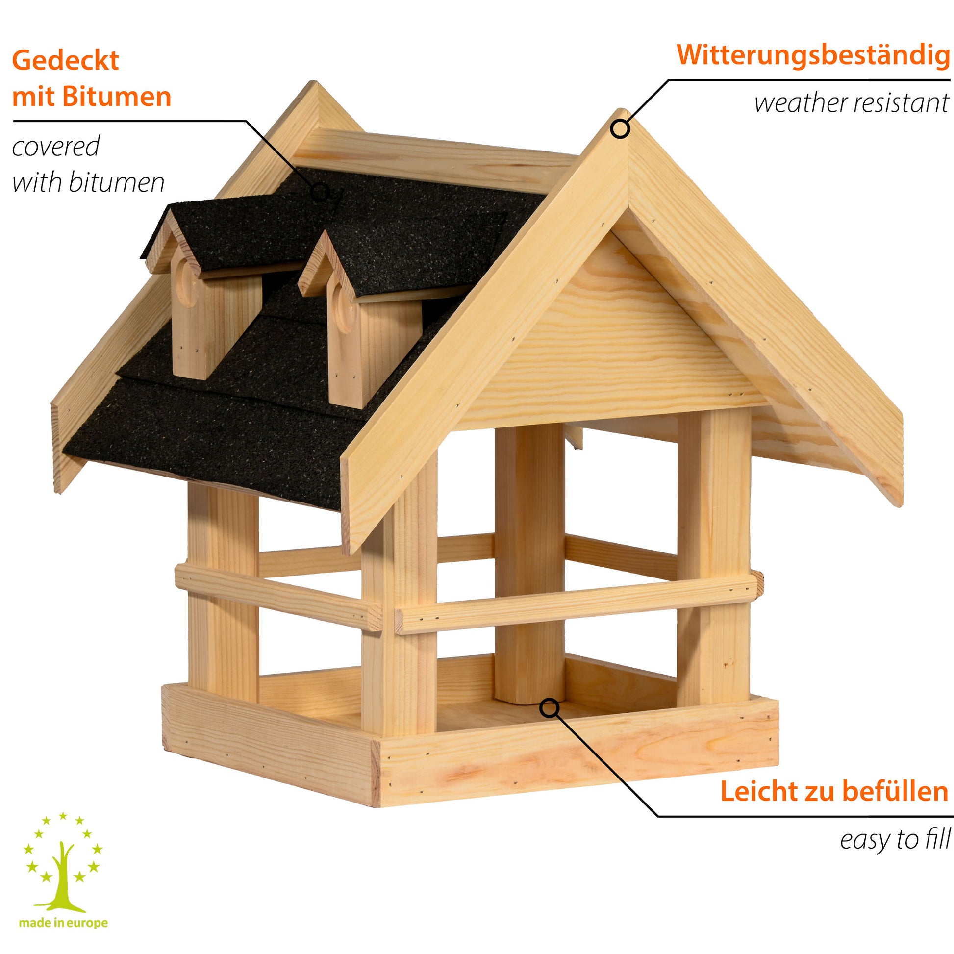 Nachhaltiges Vogelhaus aus Kiefernholz – Robuste Futterstation mit Bitumendach, passend für Gartenständer.
