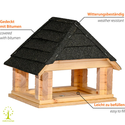 "Vogelhäuschen aus nachhaltigem Holz, wetterfest dank Bitumendach, kompatibel mit Ständer dobar 33310FSC, ideale Futterstation für heimische Vogelarten"
