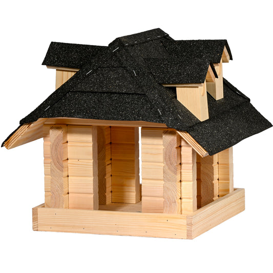 LUXUS-VOGELHAUS „Nero“ – Robustes Vogelhaus aus FSC®-zertifiziertem Kiefernholz, mit Walmdach und Bitumenschutz.
