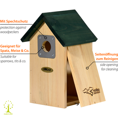 LUXUS-VOGELHAUS® VOBU Nistkasten aus FSC®-zertifiziertem Kiefernholz mit Ø 35 mm Einflugloch für Höhlenbrüter.
