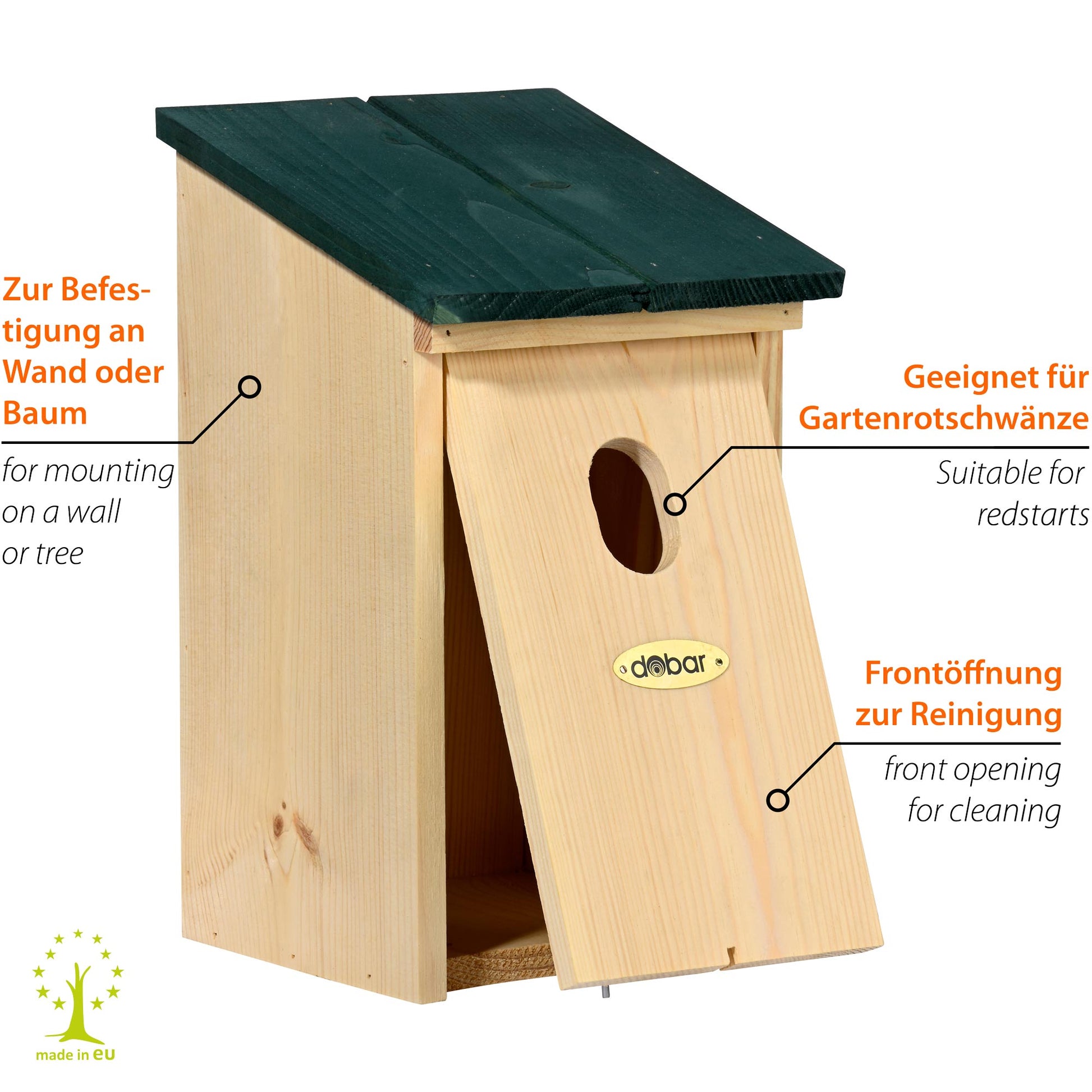 Nistkasten mit Flachdach-Design und Einflugloch 32 x 48 mm, ideal für Gartenrotschwänze.
