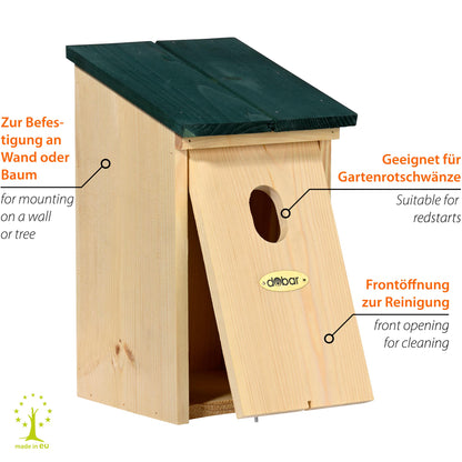 Nistkasten mit Flachdach-Design und Einflugloch 32 x 48 mm, ideal für Gartenrotschwänze.
