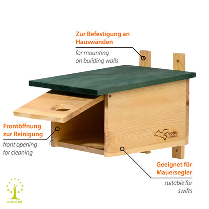LUXUS-VOGELHAUS® VOBU Nistkasten für Mauersegler aus FSC®-zertifiziertem Kiefernholz mit Einflugloch 64 x 32 mm.
