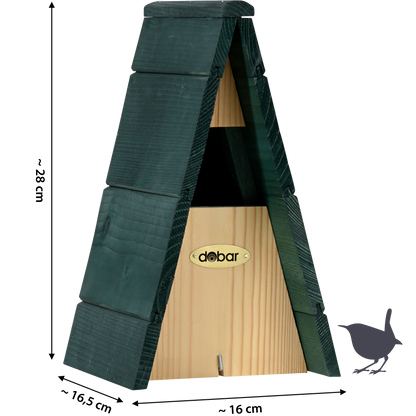 Nachhaltiger Nistkasten aus FSC®-zertifiziertem Holz, ideal für die sichere Brut von Zaunkönigen.
