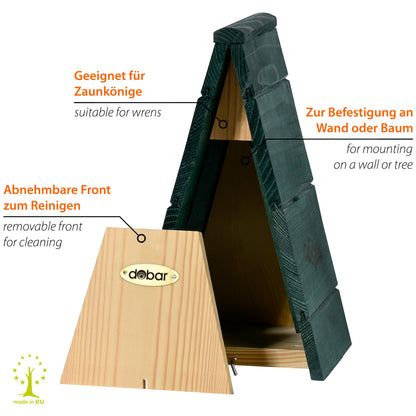 LUXUS-VOGELHAUS® VOBU Nistkasten für Zaunkönige aus FSC®-zertifiziertem Kiefernholz, wetterfest.
